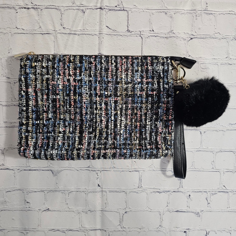 Dream Control Multi-Color Tweed‎ Sequin Wristlet Clutch Pom Pom Black